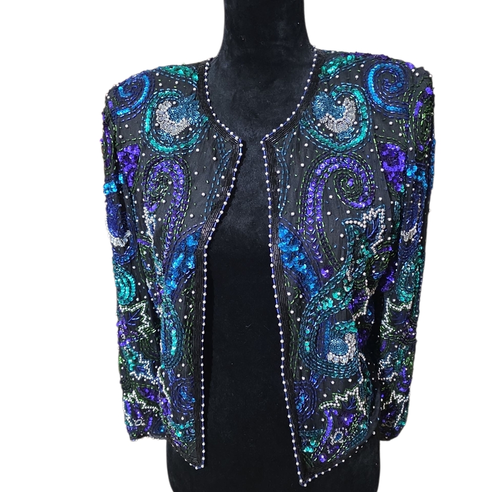 Laurence Kazar Black Blazer with Vibrant Blue and Purple Beaded/Sequin Accents